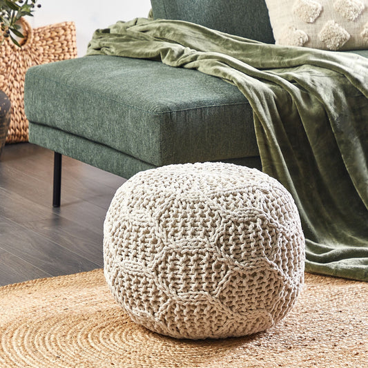 Macrame Pouffe Ottoman 50 x 50cm Light Beige Beaded Round