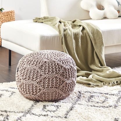 Macrame Pouf Ottoman Footstool Taupe Beige 50 x 50 x 35cm Handcrafted 100 Cotton Beads