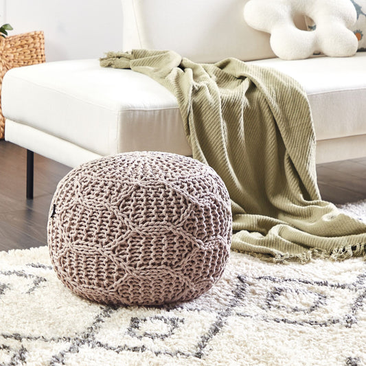 Macrame Pouf Ottoman Footstool Taupe Beige 50 x 50 x 35cm Handcrafted 100 Cotton Beads