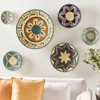 Set Of 6 Multicolour Seagrass Wall Hanging Plates And Baskets Handmade African Style