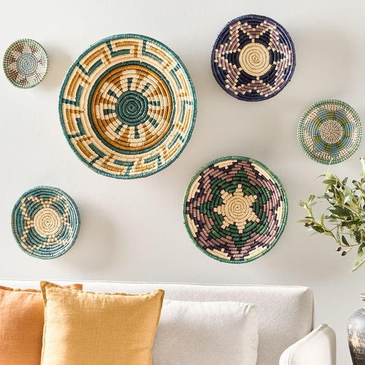 Set Of 6 Multicolour Seagrass Wall Hanging Plates And Baskets Handmade African Style