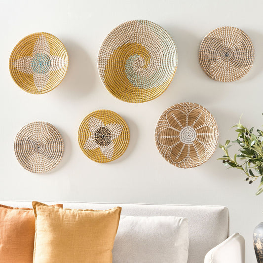 African Style Seagrass Wall Decor Set Of 6 Multicolor Hanging Plates Baskets Handmade