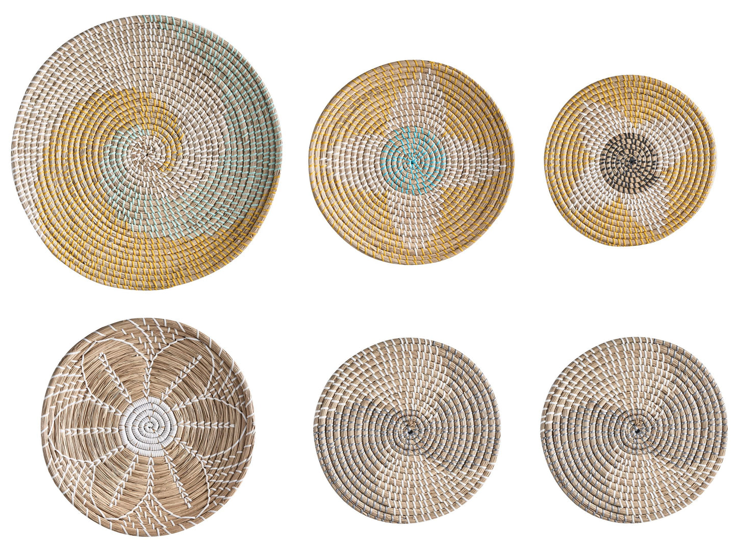 African Style Seagrass Wall Decor Set Of 6 Multicolor Hanging Plates Baskets Handmade