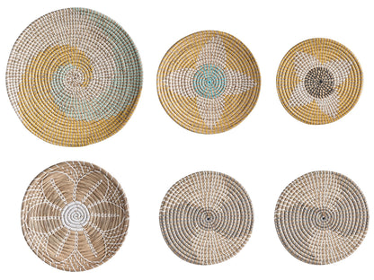 African Style Seagrass Wall Decor Set Of 6 Multicolor Hanging Plates Baskets Handmade