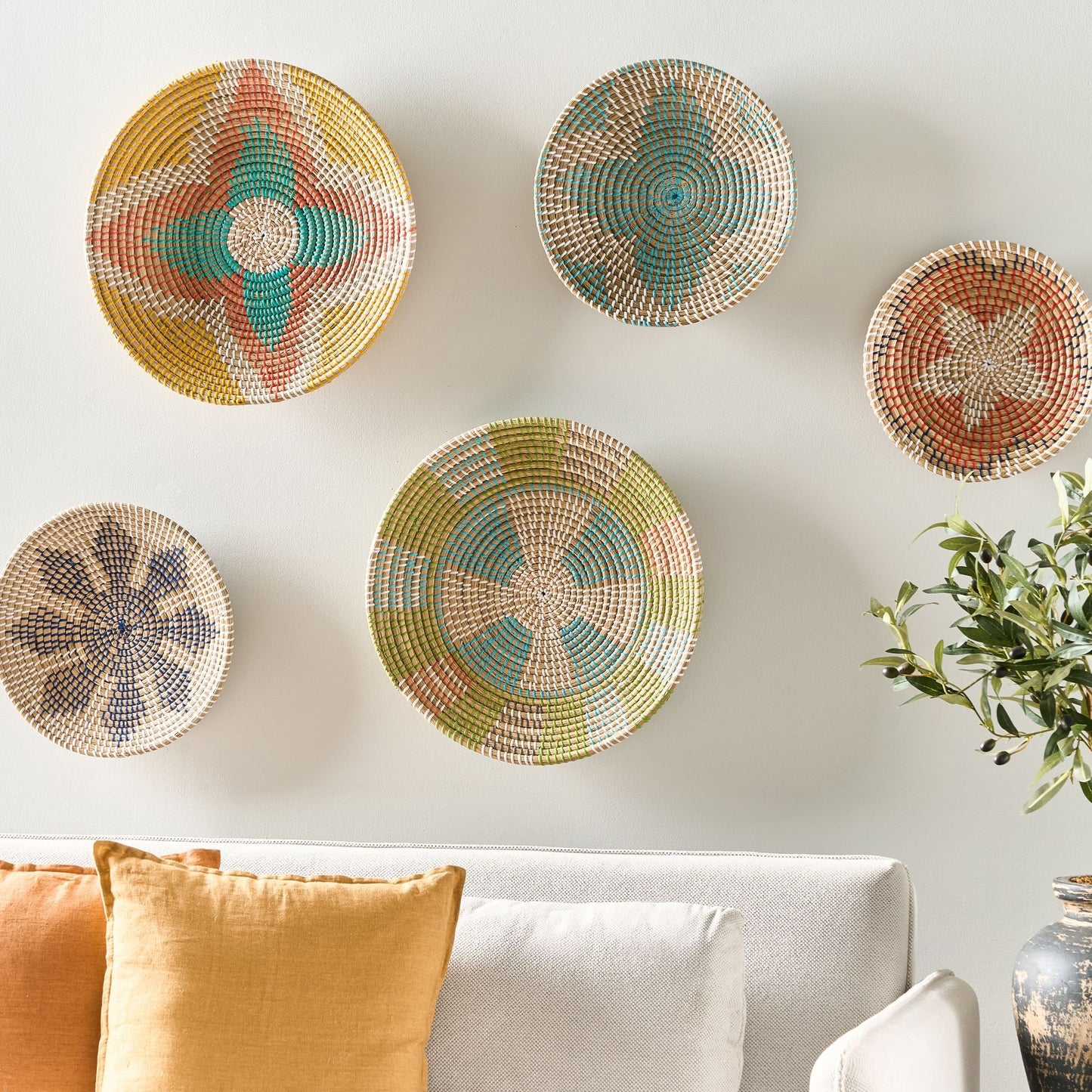 Seagrass Wall Plates Set of 5 Handwoven Multicolor African