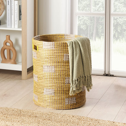 Seagrass Basket Handmade Laundry Hamper With Light Plastic Thread Handles Rustic Boho