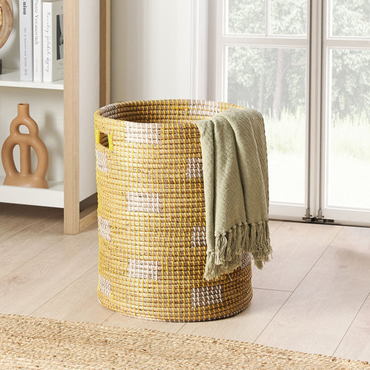 Seagrass Basket Handmade Laundry Hamper With Light Plastic Thread Handles Rustic Boho