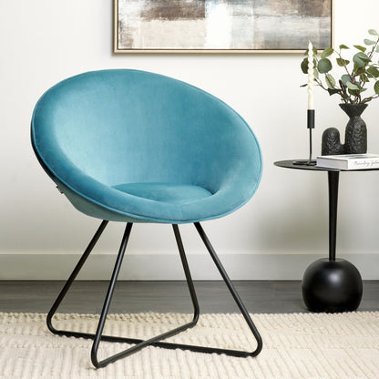 Velvet Round Accent Chair Blue Upholstery Retro Minimalist