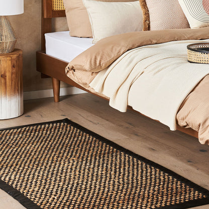 Black Beige Jute Leather Handwoven Rug 80 x 150cm