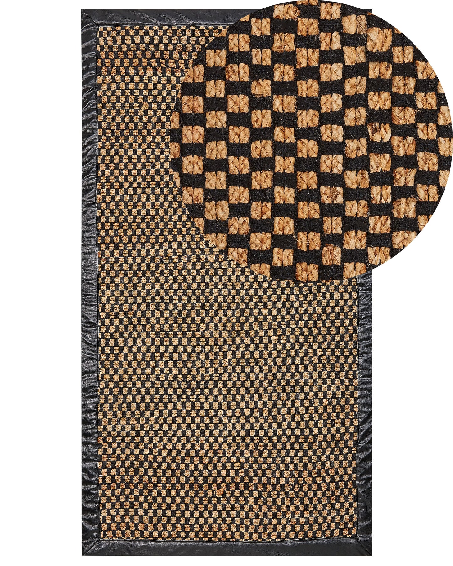 Black Beige Jute Leather Handwoven Rug 80 x 150cm