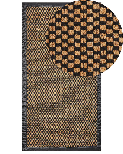 Black Beige Jute Leather Handwoven Rug 80 x 150cm