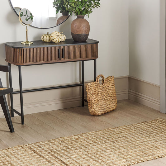 Beige Jute Runner Rug 80 x 300cm Hand Woven Houndstooth Pattern Boho Hallway Bedroom