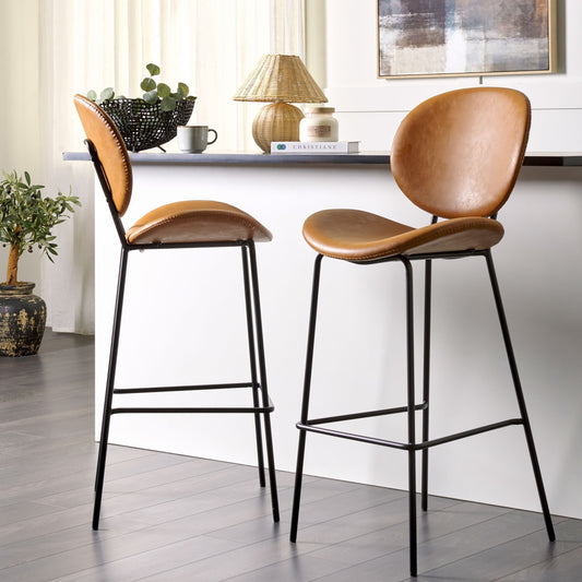 Living Set of 2 Dining Chairs Golden Brown Faux PU Leather Armless Black Iron Legs