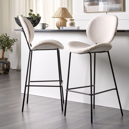 Boucle Bar Chairs Set 2 White Armless With Black Iron Legs