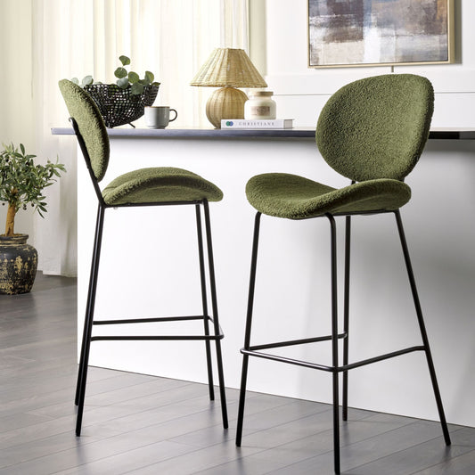 Boucle Bar Chairs Set Of 2 Dark Green With Black Iron Legs