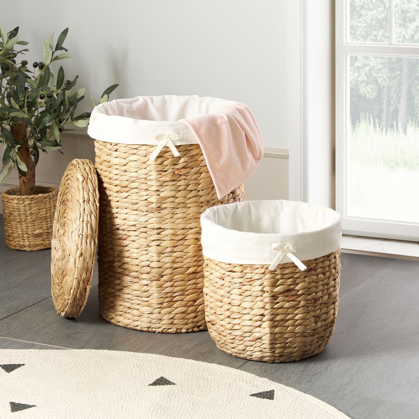 Water Hyacinth Set Of 2 Storage Baskets With Lids Handmade Lightweight Laundry Hamper