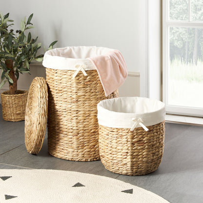 Water Hyacinth Set Of 2 Storage Baskets With Lids Handmade Lightweight Laundry Hamper