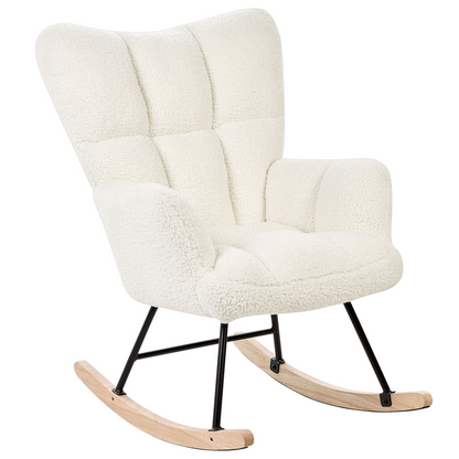 Rocking Chair White Boucle Tufted Biscuit With Wood Legs
