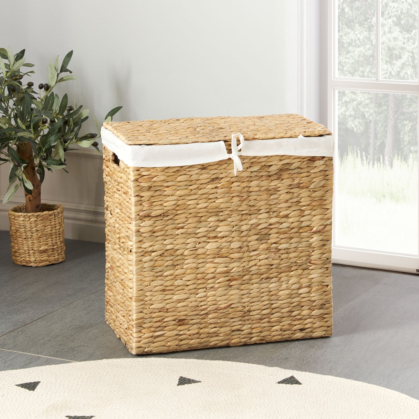 Water Hyacinth Laundry Hamper With Lid 2 Compartments Handles