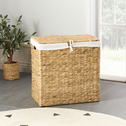 Water Hyacinth Laundry Hamper With Lid 2 Compartments Handles