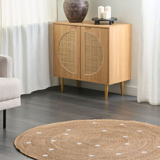 Round Jute Rug 140cm Beige with White Polka Dots
