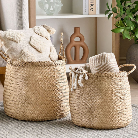 Natural Seagrass Basket Set Of 2 With Handles Handwoven