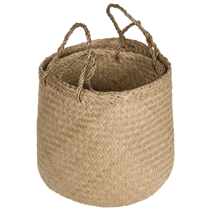 Natural Seagrass Basket Set Of 2 With Handles Handwoven