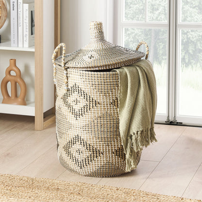 Seagrass Basket With Lid Handwoven Natural Boho Decor