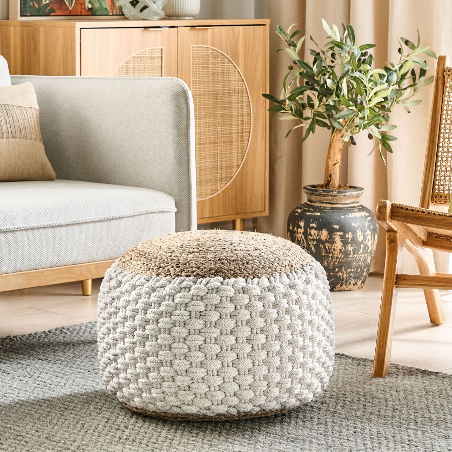 Pouf Ottoman WhiteBeige KnittedCottonJute EPS Beads 50 x 35cm