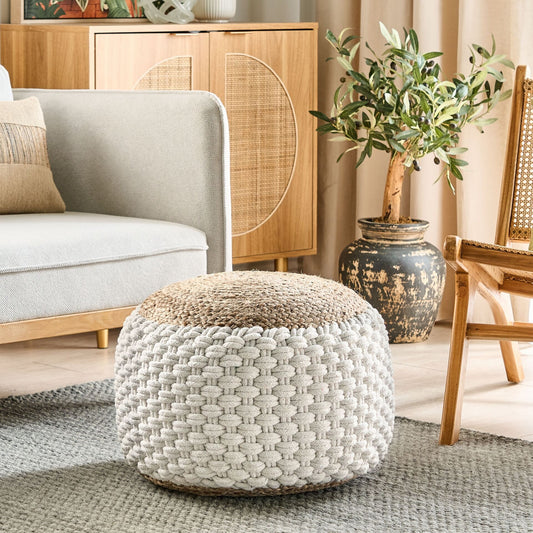 Pouf Ottoman WhiteBeige KnittedCottonJute EPS Beads 50 x 35cm