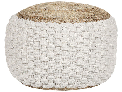 Pouf Ottoman WhiteBeige KnittedCottonJute EPS Beads 50 x 35cm