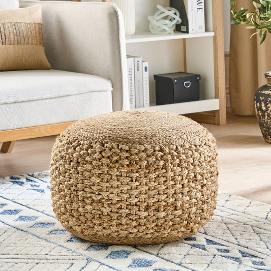 Round Knitted Jute Pouf 50 x 35 Beige EPS Beads Filling