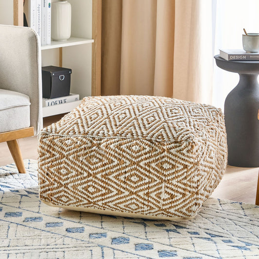 Pouffe Floor Cushion Beige And White 60 x 60 x 30cm Abstract