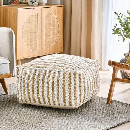 Pouffe Beige White 60 x 60 x 30cm Jute Cotton Abstract Pattern