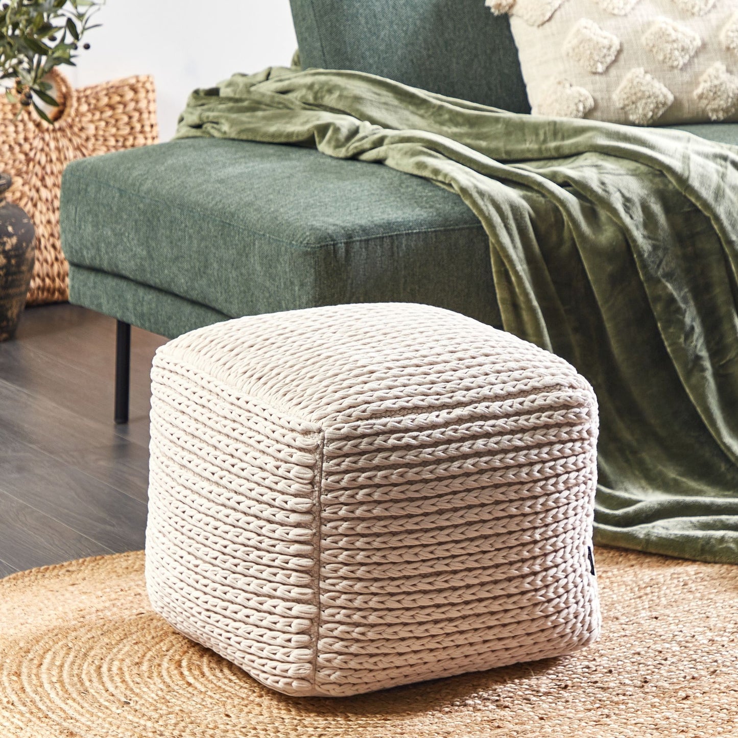 Pouffe Beige Cotton 50 x 50 x 35cm With EPS Filling