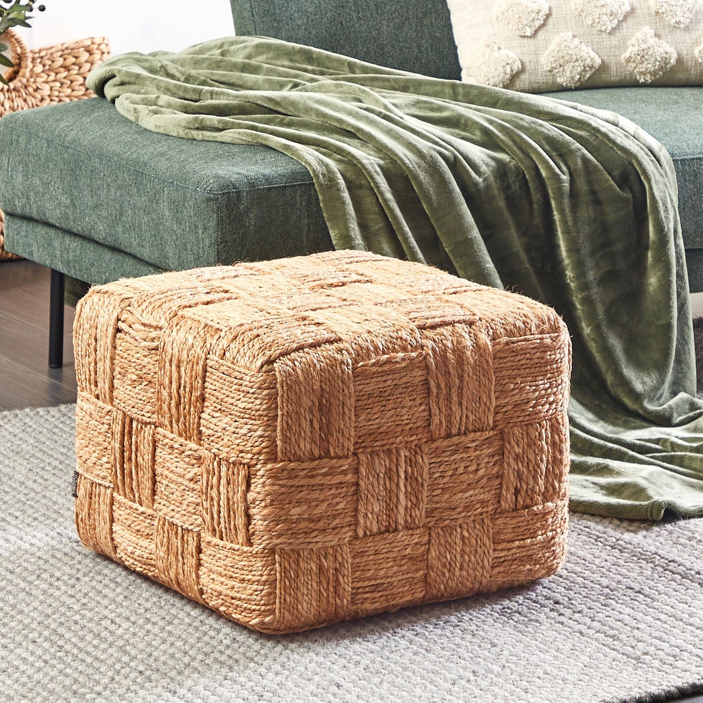 Beige Jute Pouf Ottoman 50 x 50cm EPS Beads