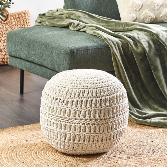 Pouf Ottoman 40 x 40 Beige Cotton EPS Beads Filling Boho