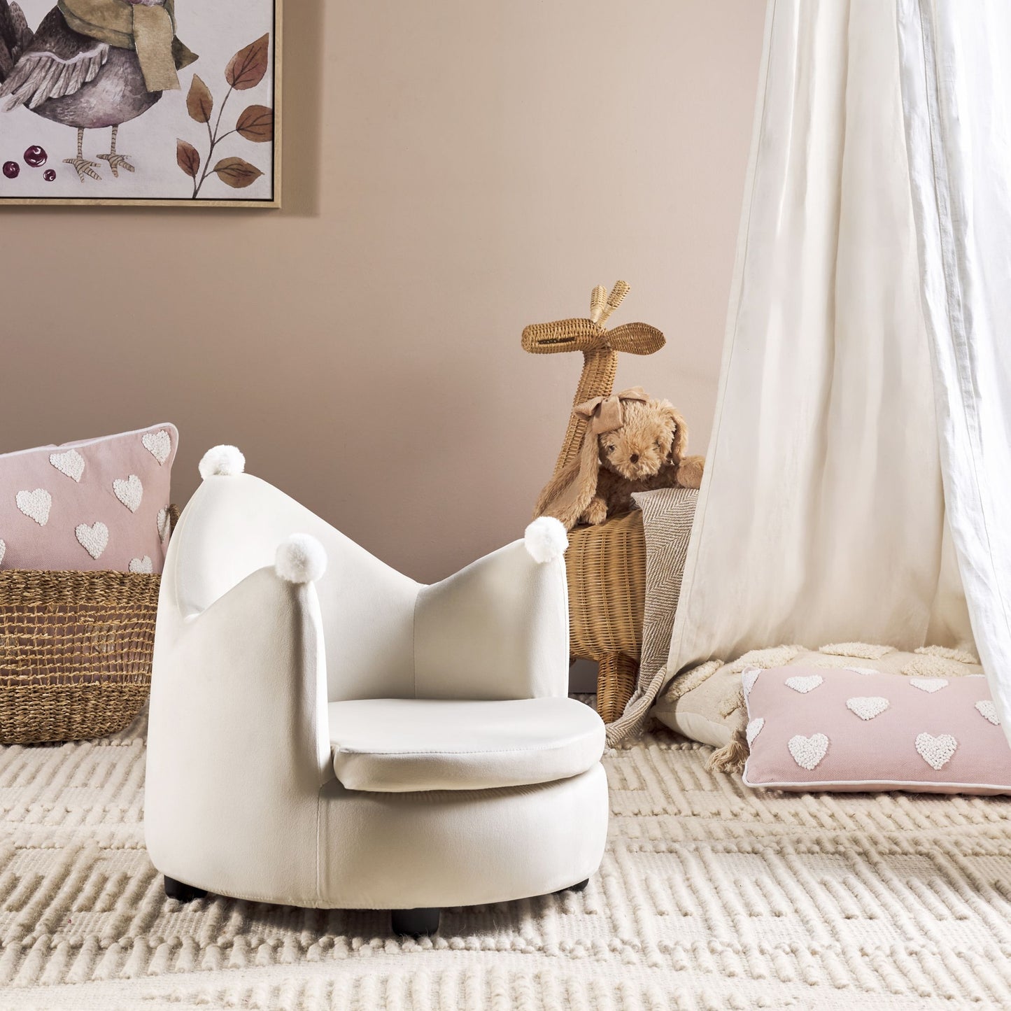 Crown Velvet Kids Armchair Beige With Armrests