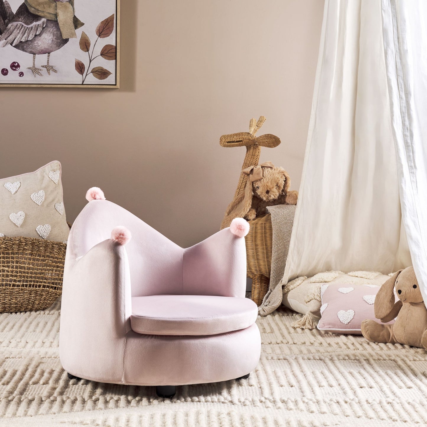 Crown Shaped Velvet Armchair For Kids Pastel Pink