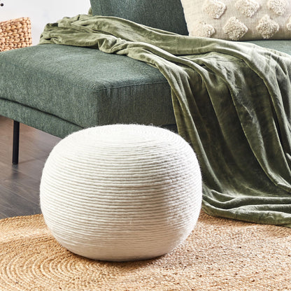 White Wool Pouf 50cm Round Handwoven Boho Ottoman