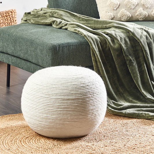 White Wool Pouf 50cm Round Handwoven Boho Ottoman