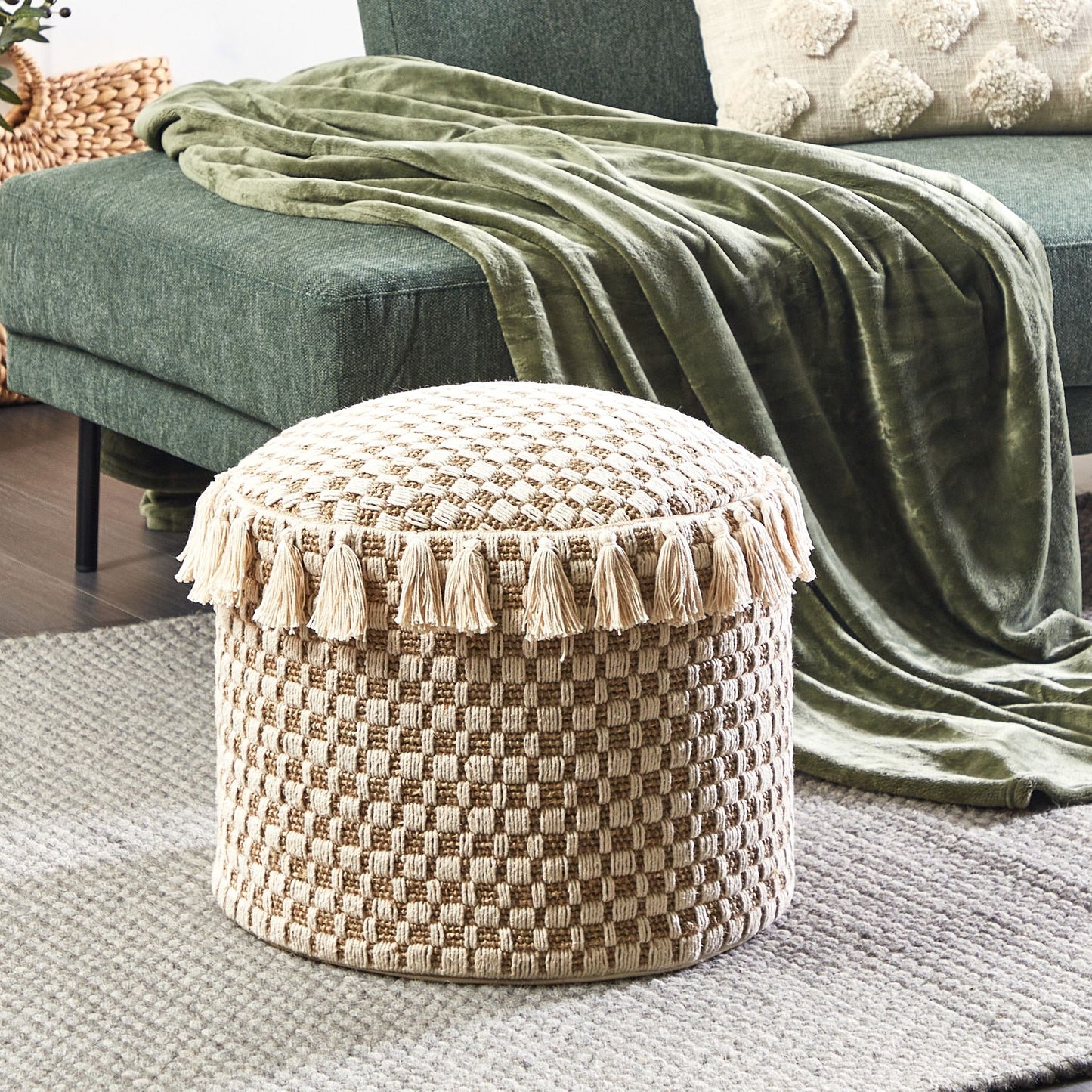 Boho Style Handwoven Pouf Ottoman Natural Light Beige Seagrass Cotton 50cm EPS Filling