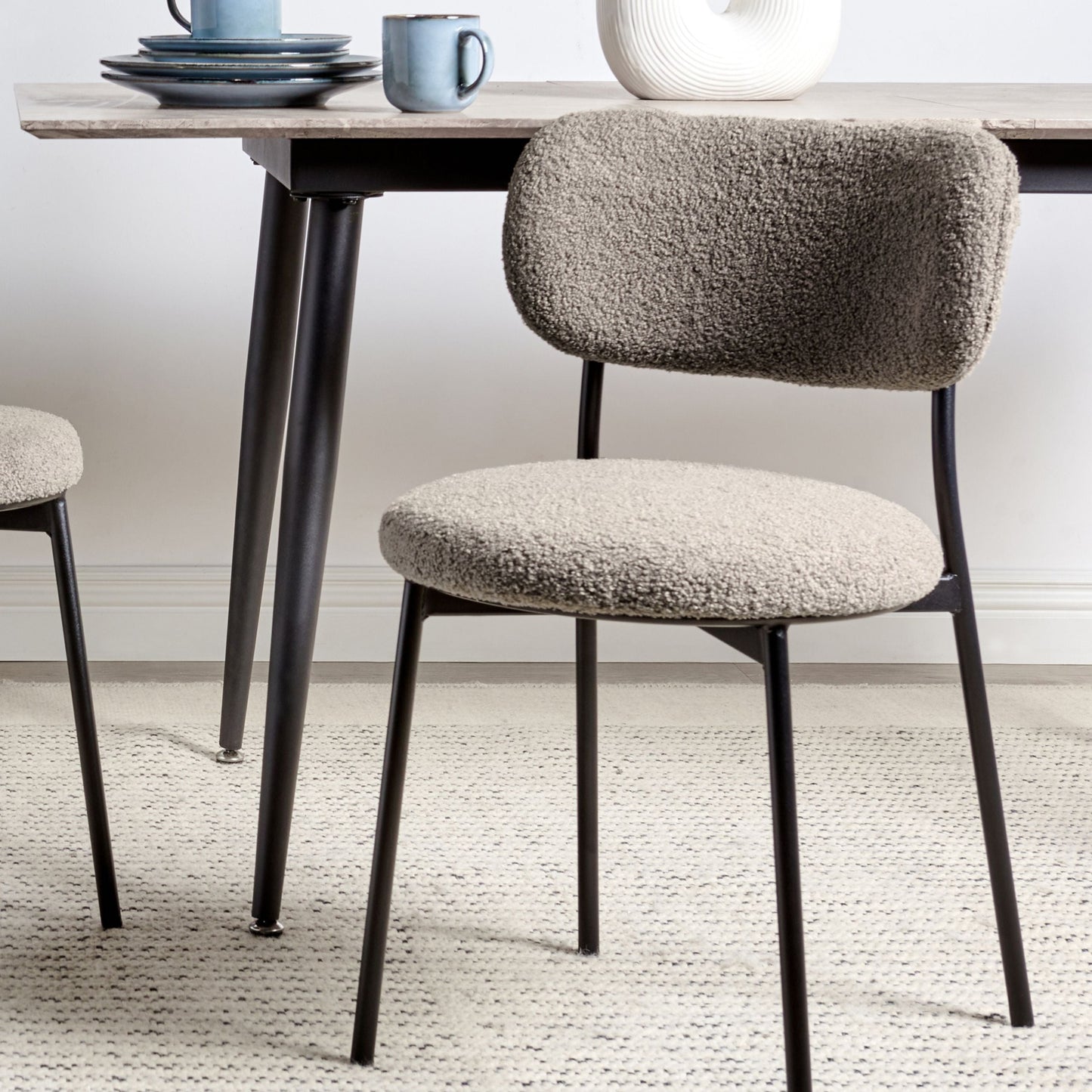 Beige Taupe Boucle Dining Chairs Armless Metal Legs 2 Pack