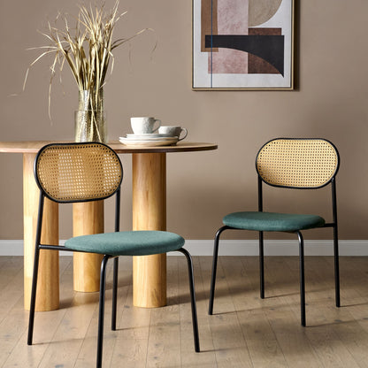 Set of 2 Dining Chairs Black Metal Frame Green Fabric Seat Viennese Braid Backrest Retro Seating