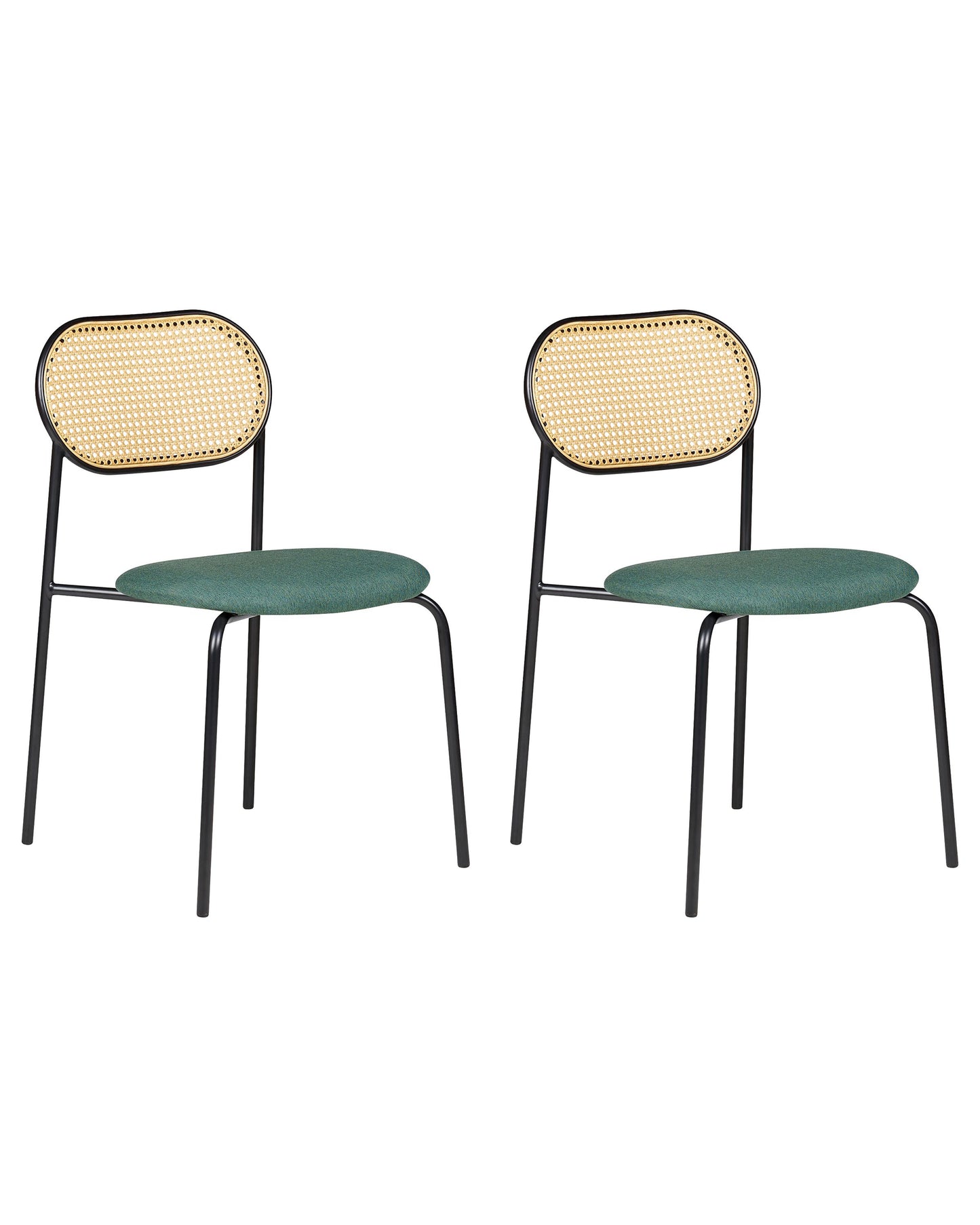 Set of 2 Dining Chairs Black Metal Frame Green Fabric Seat Viennese Braid Backrest Retro Seating