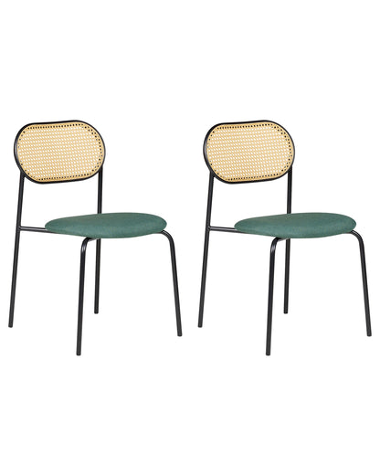 Set of 2 Dining Chairs Black Metal Frame Green Fabric Seat Viennese Braid Backrest Retro Seating