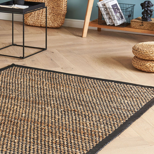 Home Handwoven Area Rug Black Beige Jute Leather 140 x 200