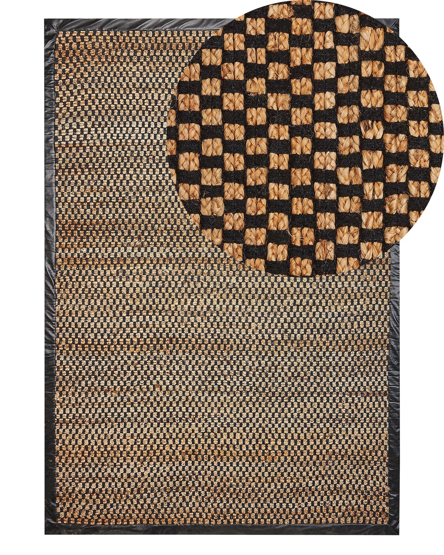 Home Handwoven Area Rug Black Beige Jute Leather 140 x 200