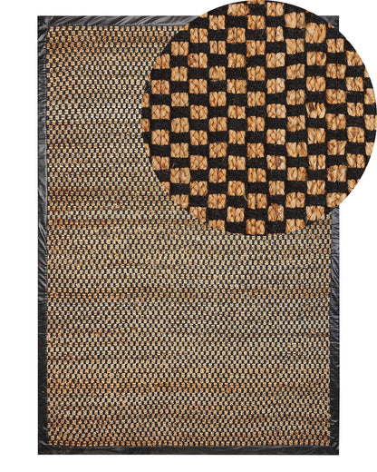 Home Handwoven Area Rug Black Beige Jute Leather 140 x 200