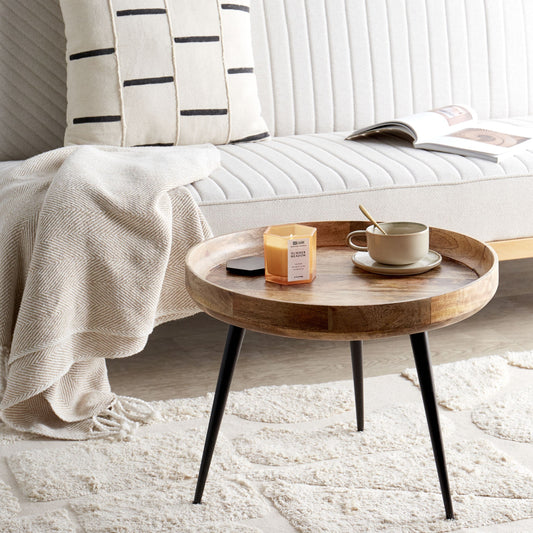 Light Brown Mango Top Coffee Table Tripod Base Raised Edges